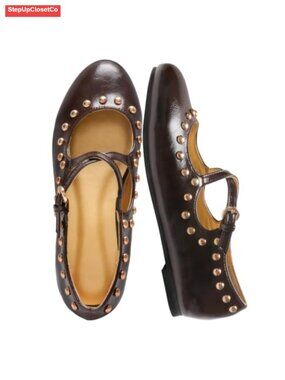 Studded Mary Jane Flats Faux Leather Round Toe Cross Strap Buckle Shoes